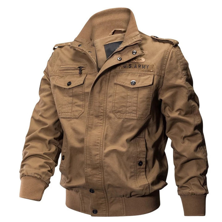 Herren militärisch inspirierte Baumwoll-Canvas-Bomberjacke mit hohem Stehkragen und Brustpattentaschen Drune