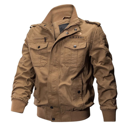 Herren militärisch inspirierte Baumwoll-Canvas-Bomberjacke mit hohem Stehkragen und Brustpattentaschen Drune