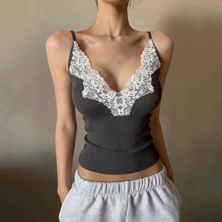 Damen Elegantes Top mit Spitzenverzierung und tiefem V-Ausschnitt Drune