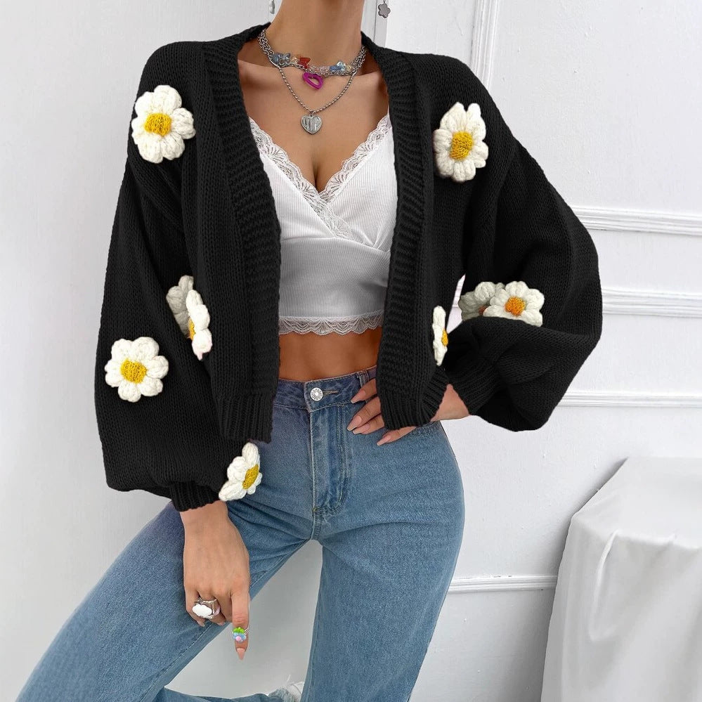 Damen Kurzgeschnittener Grobstrick-Cardigan mit 3D-Blütenapplikationen Drune