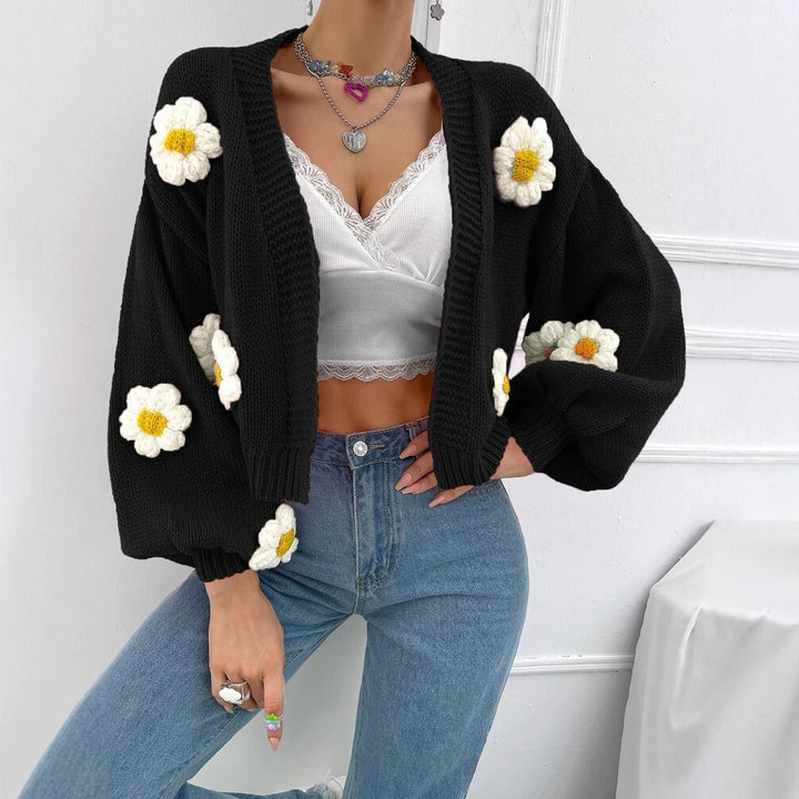Damen Kurzgeschnittener Grobstrick-Cardigan mit 3D-Blütenapplikationen Drune