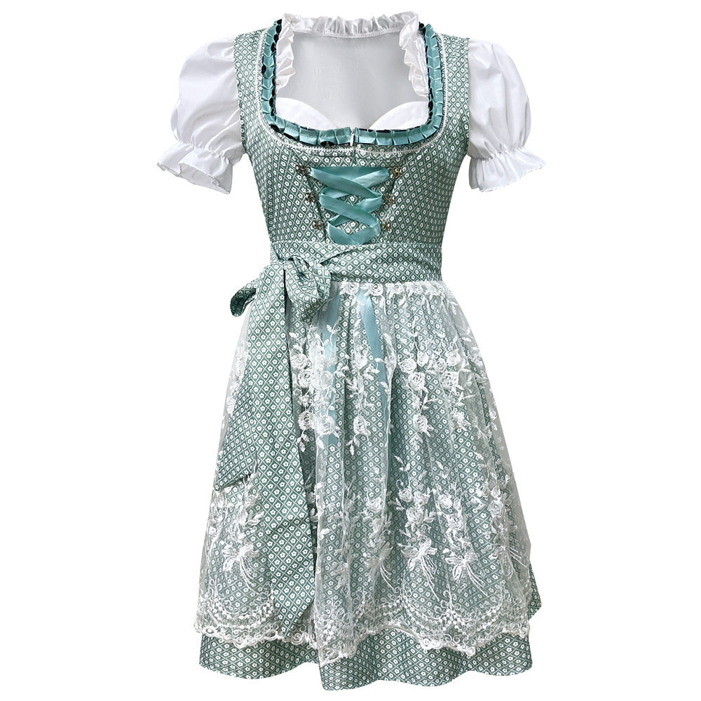Damen nan kurzes traditionelles Dirndlkleid mit Spitzen-Schürze, geschnürter Taille und Puffärmeln Drune