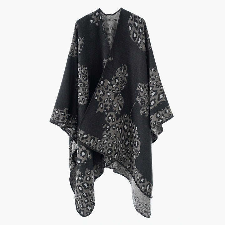 Damen Wolloptik-Überwurf mit gewebtem Leopard-Jacquard und offenem Zipfelrand Drune