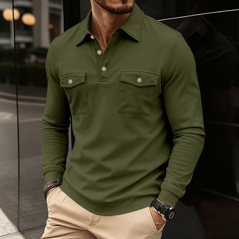 Herren nan figurbetontes Langarm-Poloshirt mit Hemdkragen und aufgesetzten Brustklappen Drune