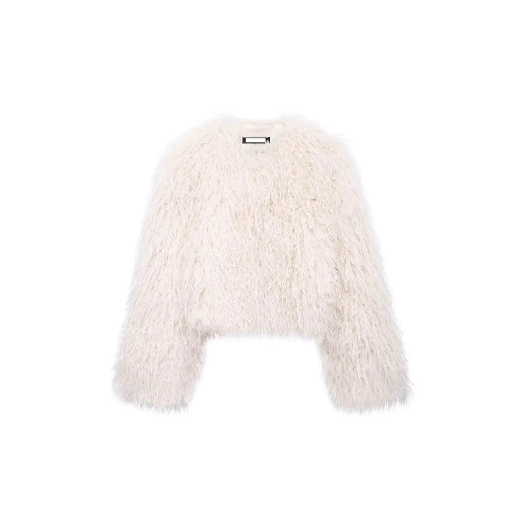 Damen Kurzgeschnittene Bolerojacke aus langfaserigem Kunstpelz mit Shaggy‑Textur Drune