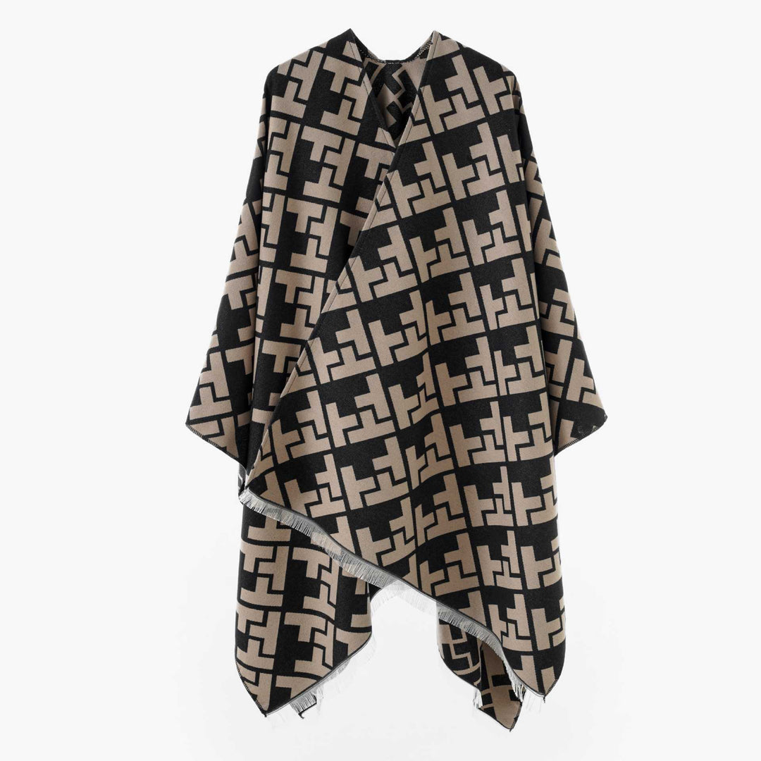 Damen Oversize Jacquard-Capeponcho aus Wollmix mit geometrischem Muster und Fransen Drune
