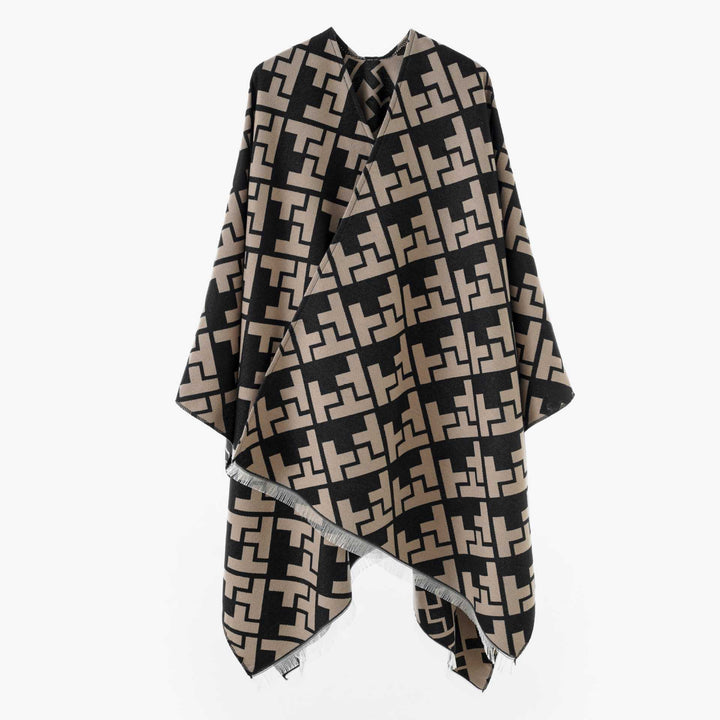 Damen Oversize Jacquard-Capeponcho aus Wollmix mit geometrischem Muster und Fransen Drune