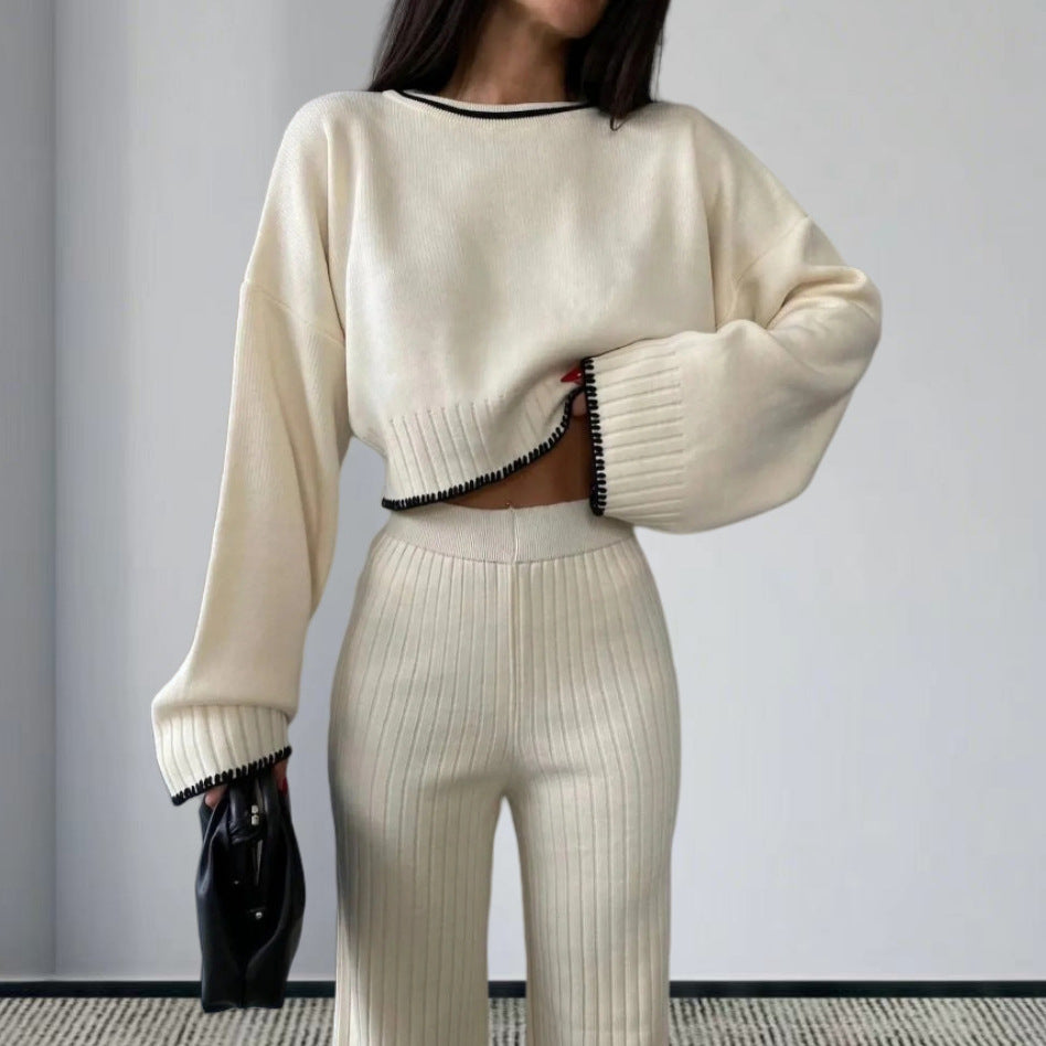 Damen elegantes Strickanzug mit weitem Bein und romantischen Ärmeln Drune