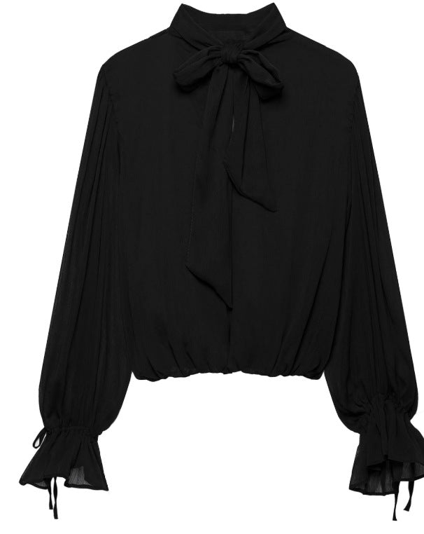 Damen Elegante Chiffon‑Schluppenbluse mit Ballonärmeln und gerafftem Saum Drune