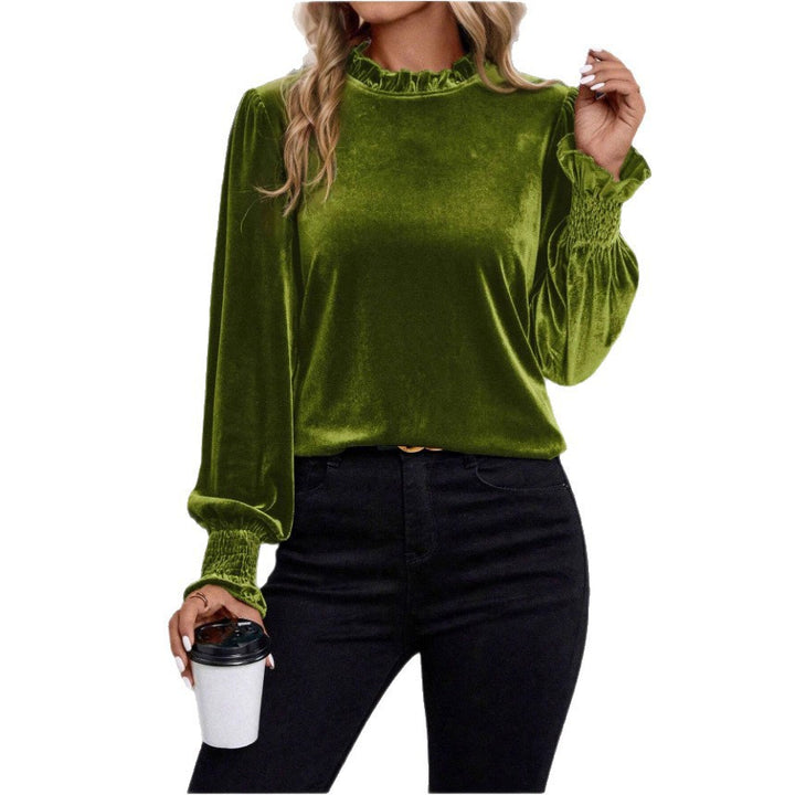 Damen Samtbluse mit Rüschenkragen, Ballonärmeln und Stretch-Smock-Bündchen Drune