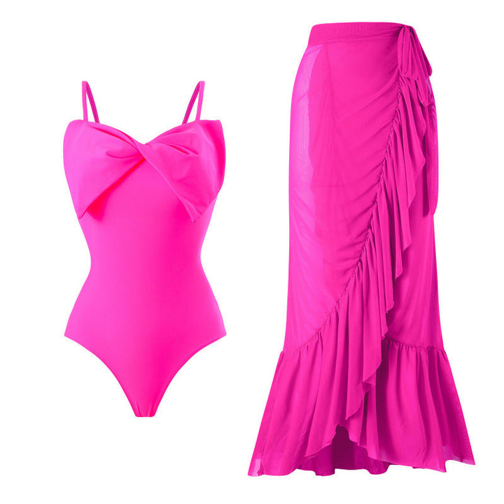Damen Einteiler Badeanzug mit stylischem Wickelrock und glamourösem Schleifendetail Drune