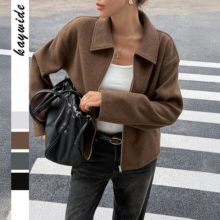 Damen nan kaschmirähnliche Wolljacke mit durchgehendem Reißverschluss, oversized Schnitt und Hemdkragen Drune