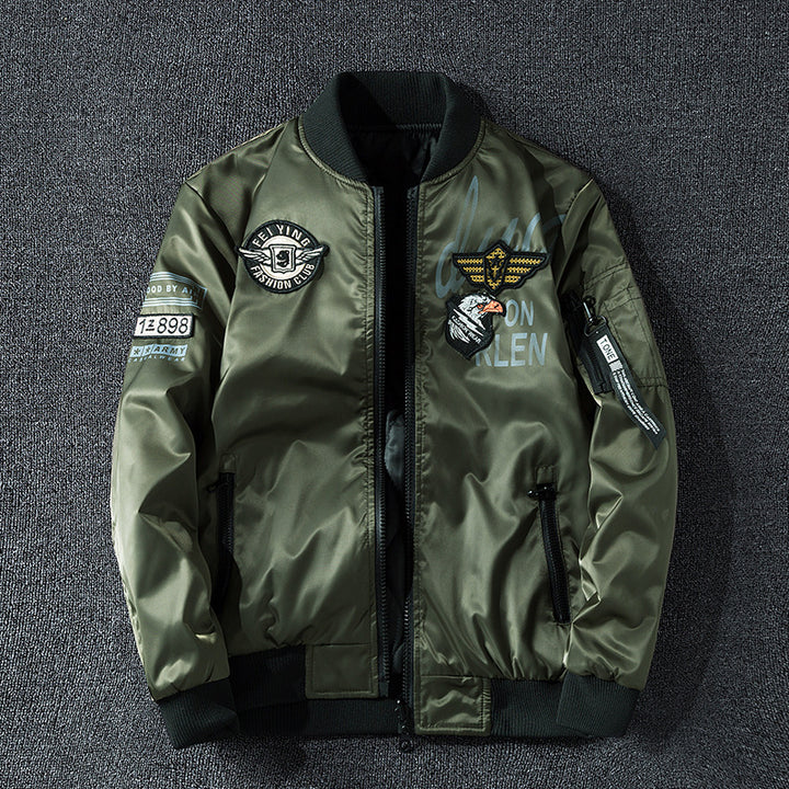 Men's  patch-detail glossy flight bomber with ribbed trims Drune