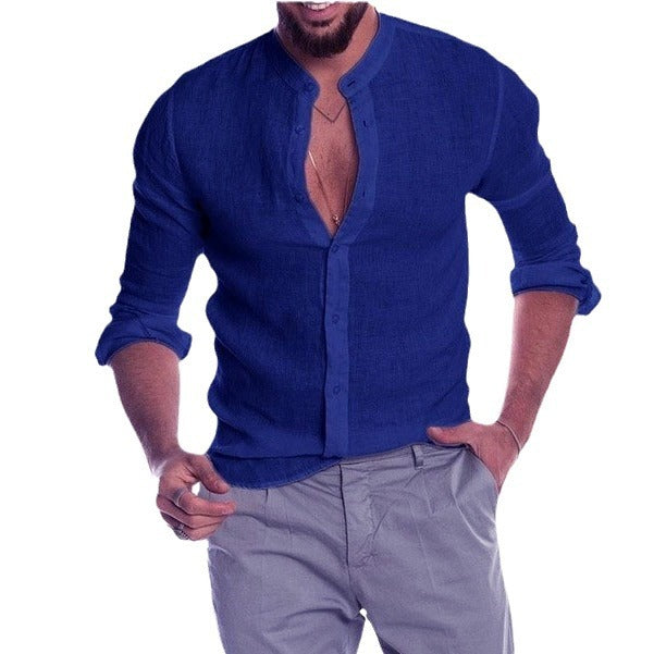 Herren nan Leinenhemd mit Stehkragen, durchgehender Knopfleiste und legerer Slim-Fit-Passform Drune