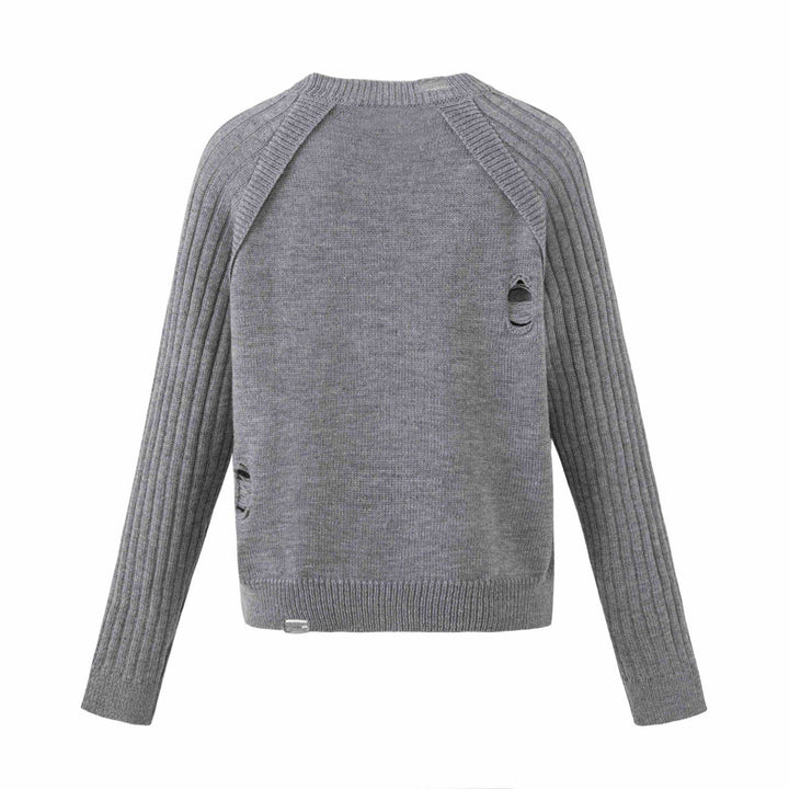 Damen Grobgestrickter Distressed Raglanpullover mit Retro-Grafikprint Drune