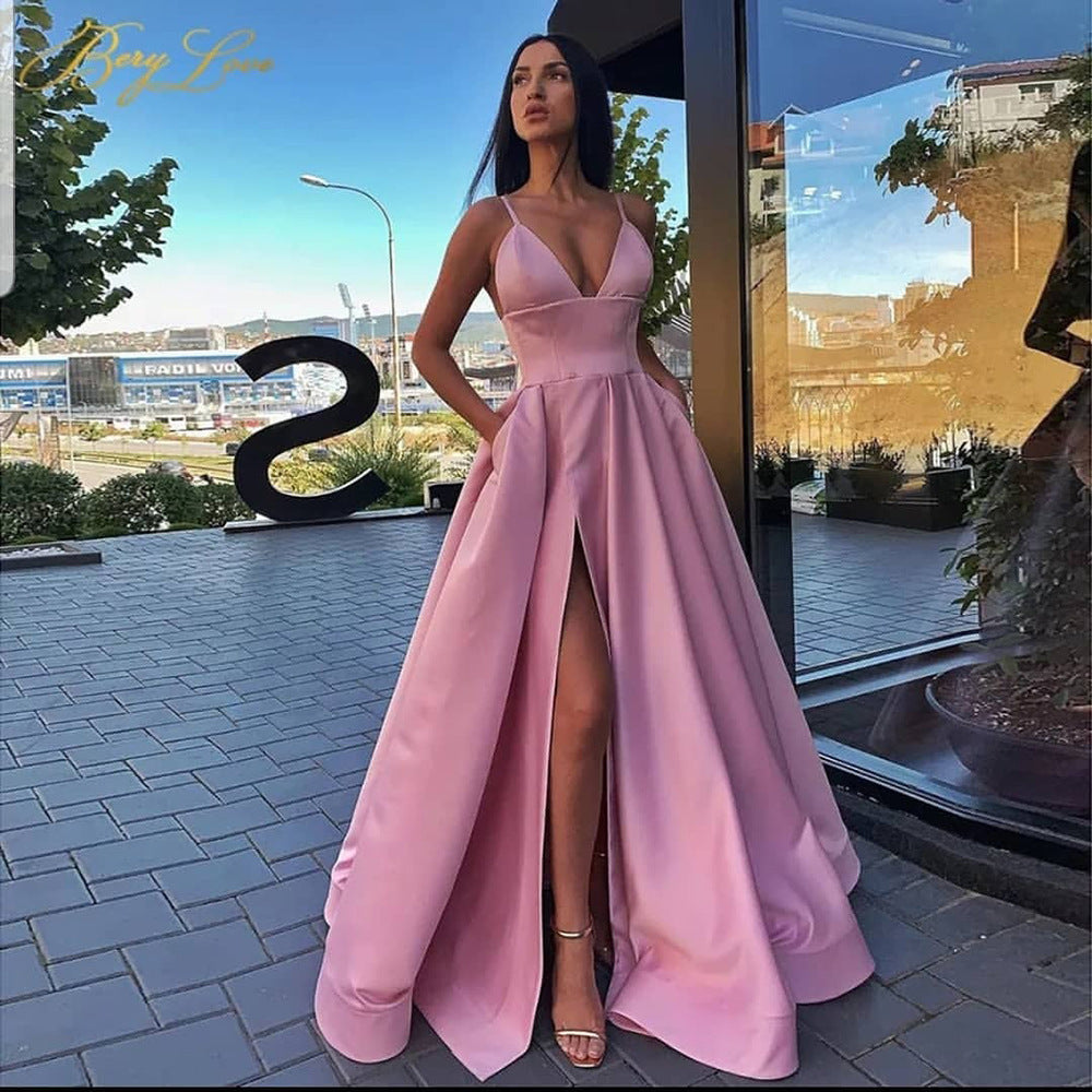 Damen Abendkleid mit aufregendem Beinschlitz und elegantem V-Ausschnitt Drune