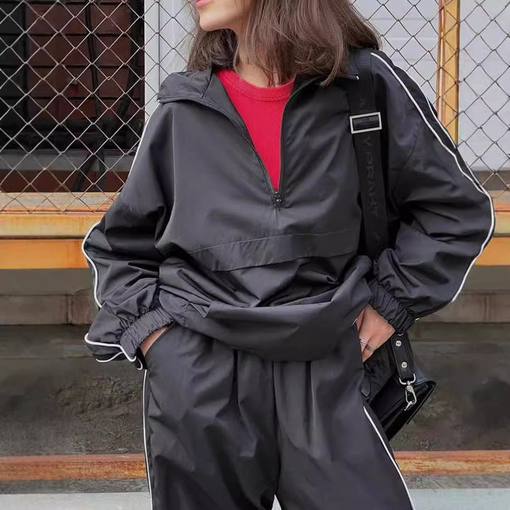 Damen Zweiteiliges Sportliches Jogging-Set mit halbem Reißverschluss, Paspelierung und elastischer Bundhose Drune