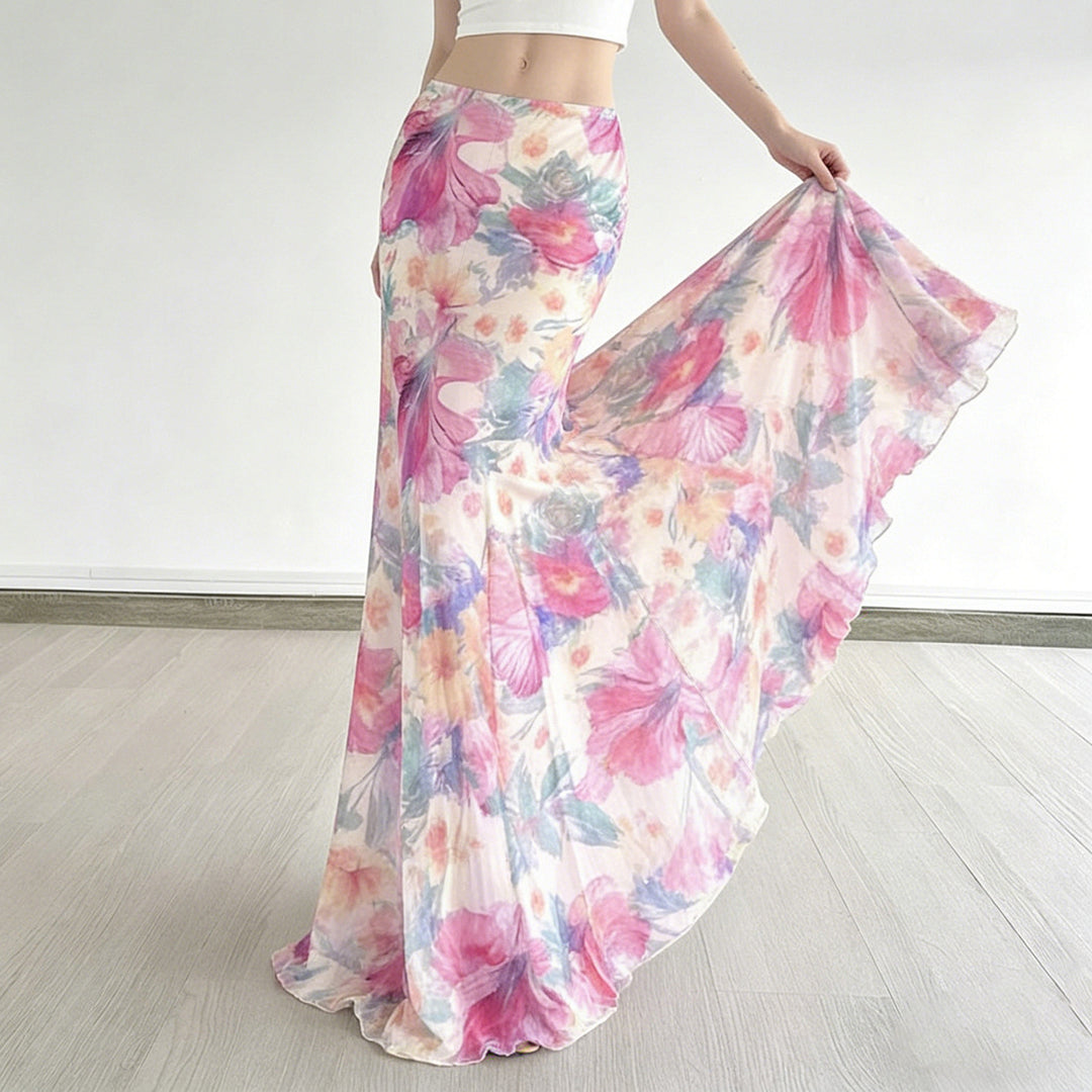 Damen Fließender Maxirock mit floralem Design und schwingendem Saum Drune