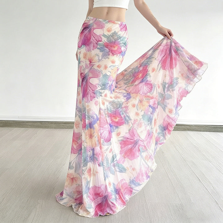 Damen Fließender Maxirock mit floralem Design und schwingendem Saum Drune