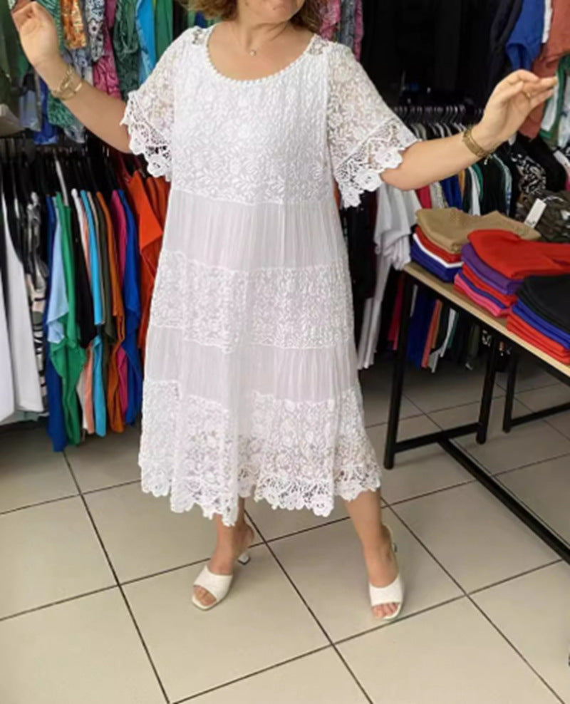 Damen nan mehrlagiges Spitzen-Midikleid mit plissierten Einsätzen und Volantärmeln Drune