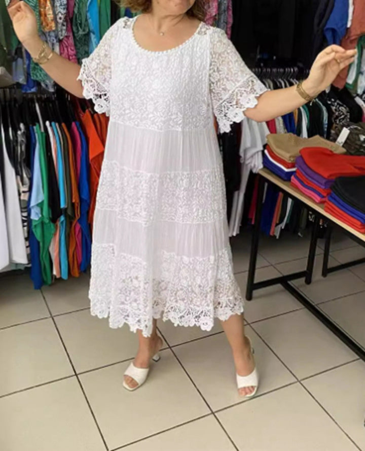 Damen nan mehrlagiges Spitzen-Midikleid mit plissierten Einsätzen und Volantärmeln Drune