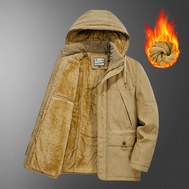 Herren gefütterter Kapuzenparka mit Thermo-Teddyfutter, winddichter Baumwollmix-Außenschale und Mehrfachtaschen Drune