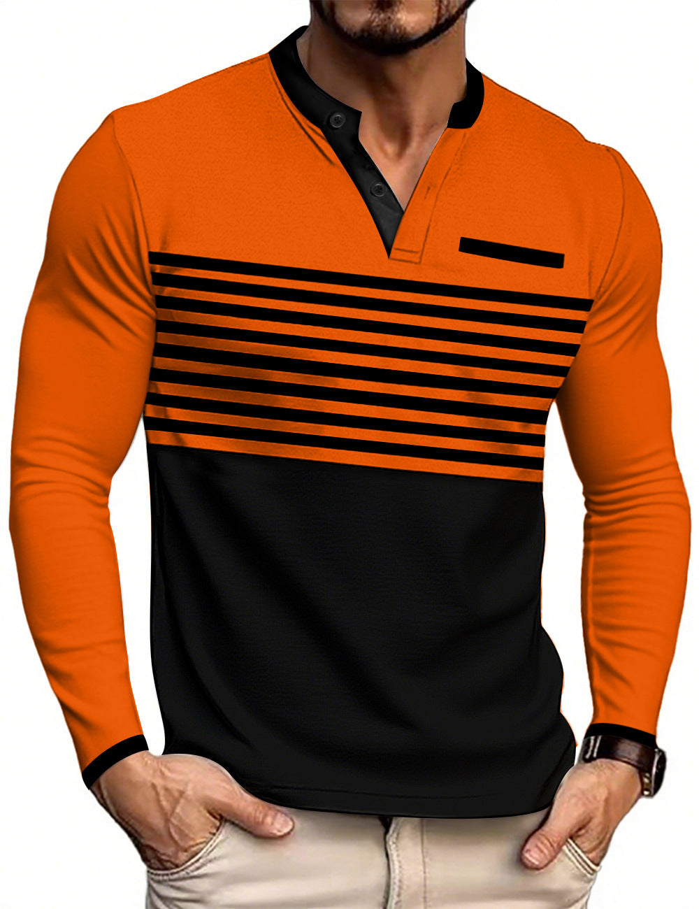 Herren nan modernes Langarm-Polo mit Henley-Blende gestreifter Brustpartie und Stehkragen Drune