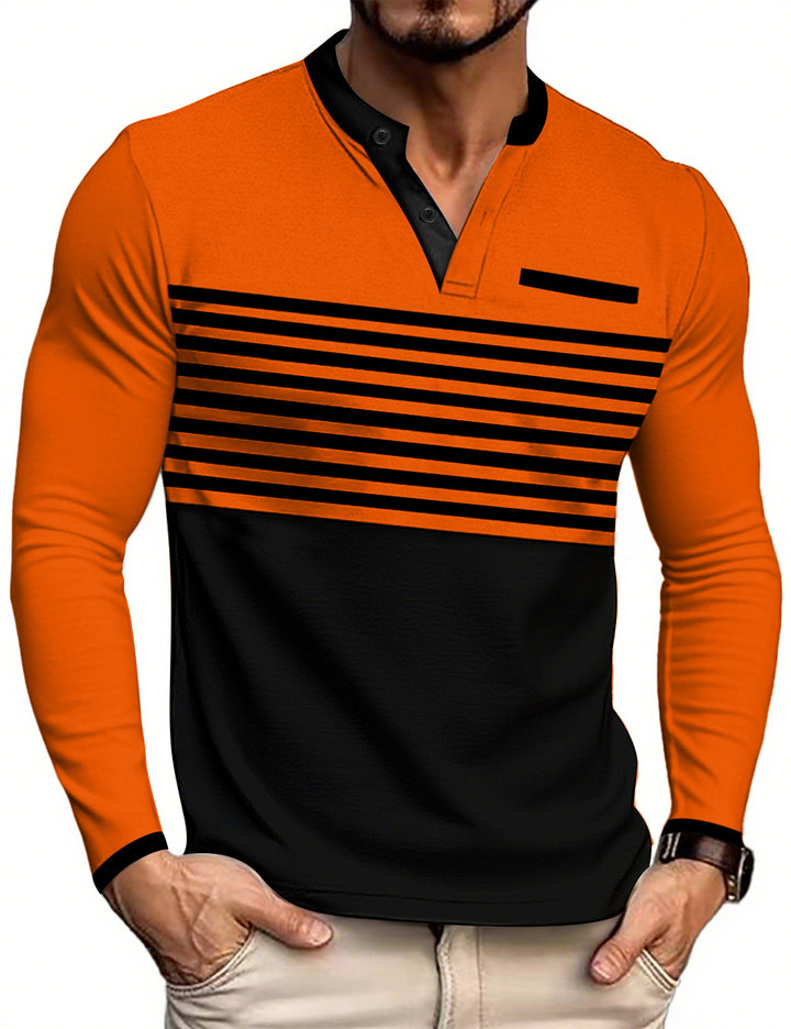 Herren nan modernes Langarm-Polo mit Henley-Blende gestreifter Brustpartie und Stehkragen Drune