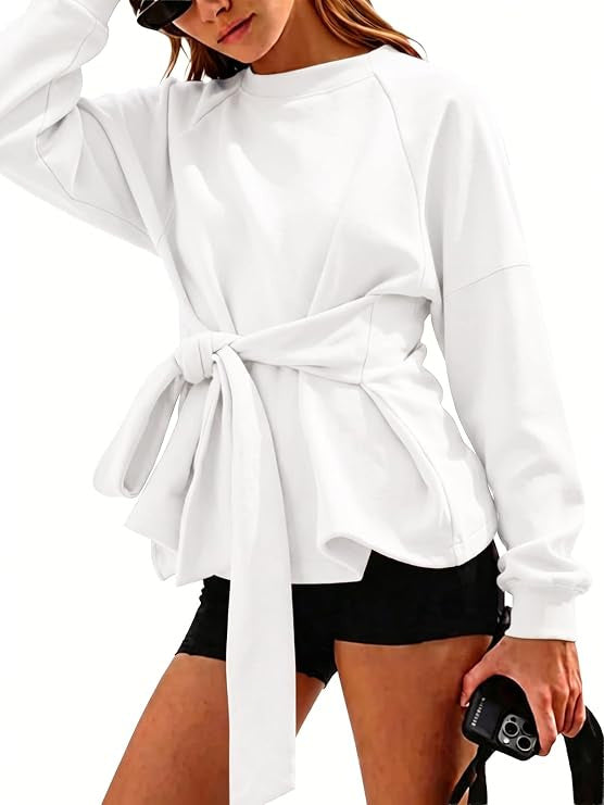 Damen Oversize-Sweatshirt mit Wickelgürtel, Schößchen und Raglanärmeln Drune