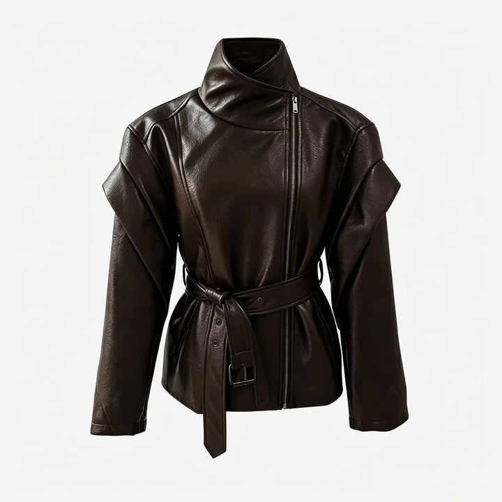 Damen nan taillierte Kunstlederjacke mit asymmetrischem Reißverschluss, hohem Stehkragen und Bindegürtel Drune