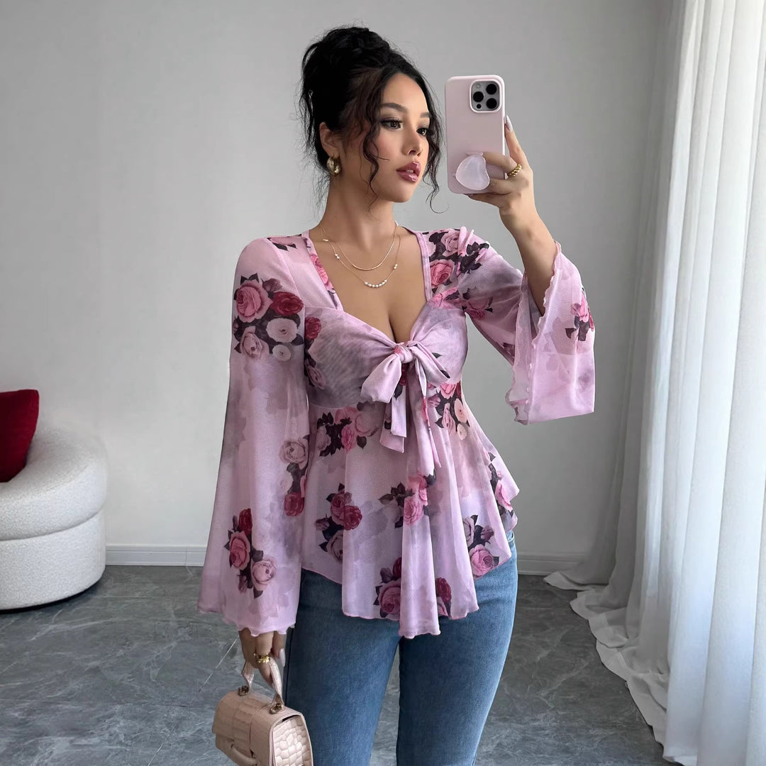Damen Transparente Chiffon-Babydoll-Bluse mit Knotenfront und floralem Allover-Print Drune