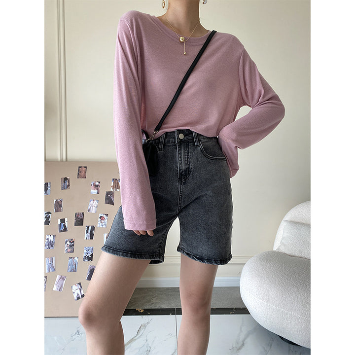 Damen lässige Jeansshorts mit hohem Bund und dekorativem Kettengürtel Drune