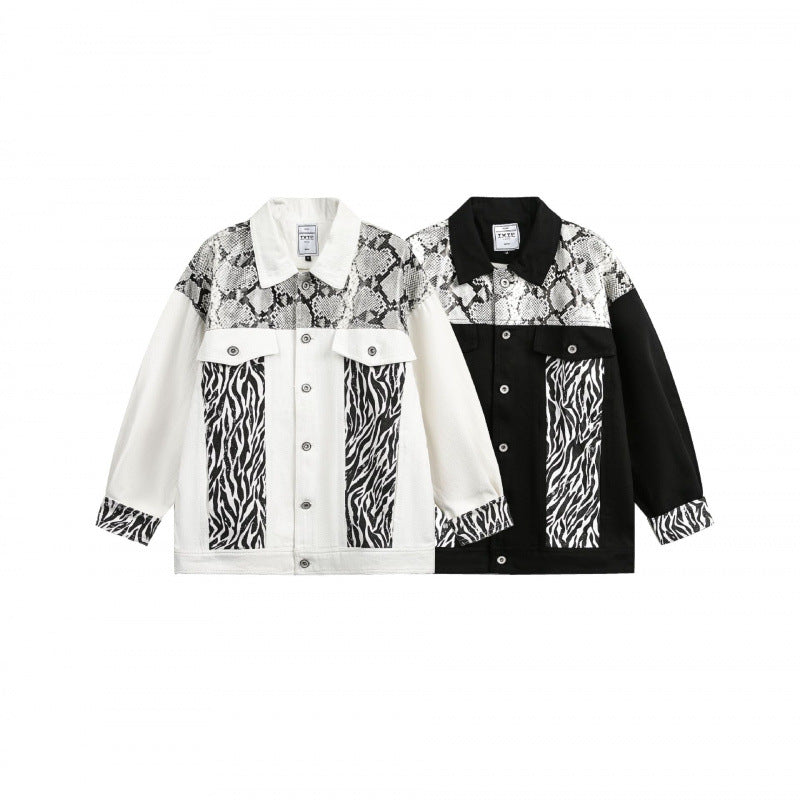 Damen Oversize-Jeansjacke im Patchwork-Tierprint mit Reverskragen und Pattentaschen Drune
