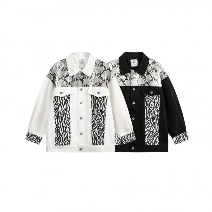 Damen Oversize-Jeansjacke im Patchwork-Tierprint mit Reverskragen und Pattentaschen Drune