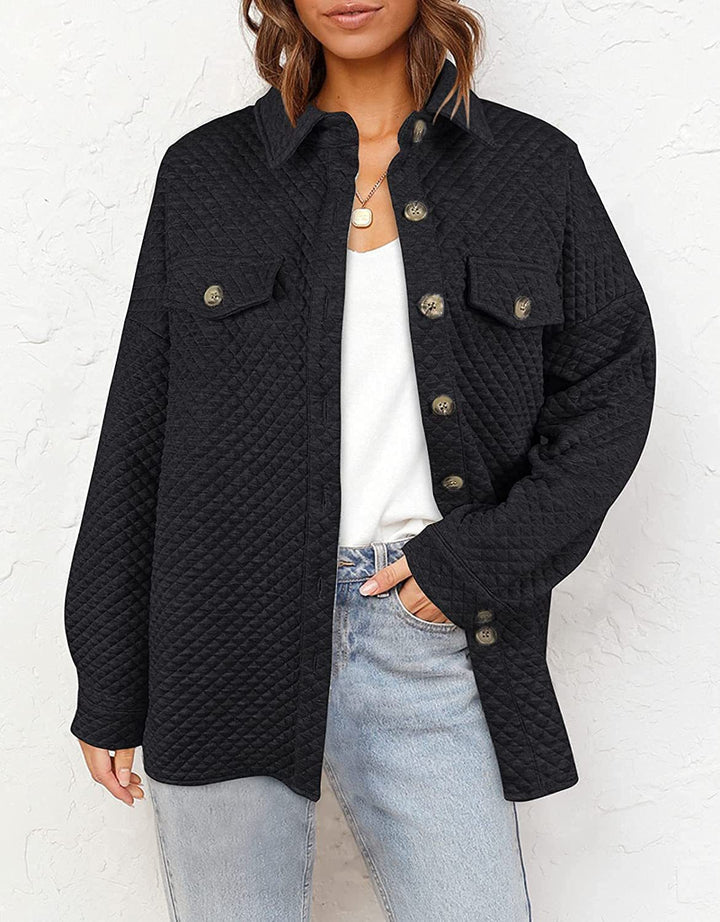 Damen Stepp Übergangshemdjacke mit Oversize Schnitt Brustpatten und Knopfleiste Drune
