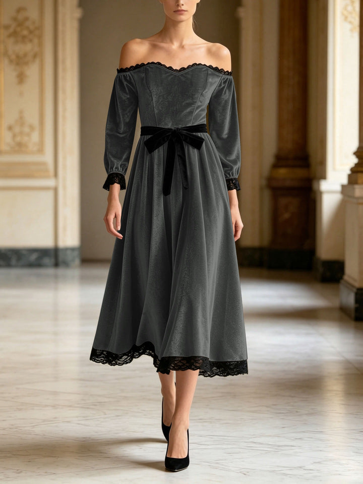 Damen Schulterfreies Samtkleid mit Spitzenbesatz, Samt-Taillengürtel und ausgestelltem Midirock Drune