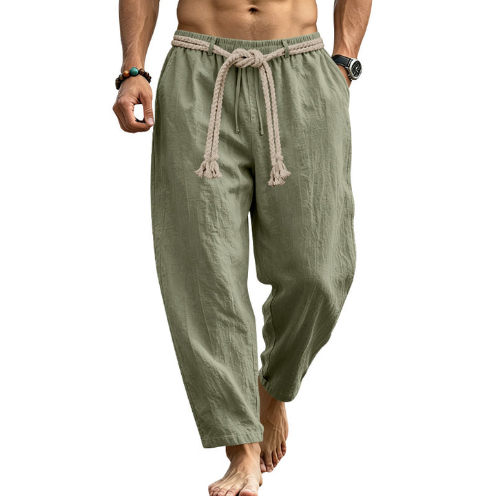 Herren lässige Leinen-Loungehose mit elastischem Bund, dekorativem Seilgürtel und Seitentaschen Drune