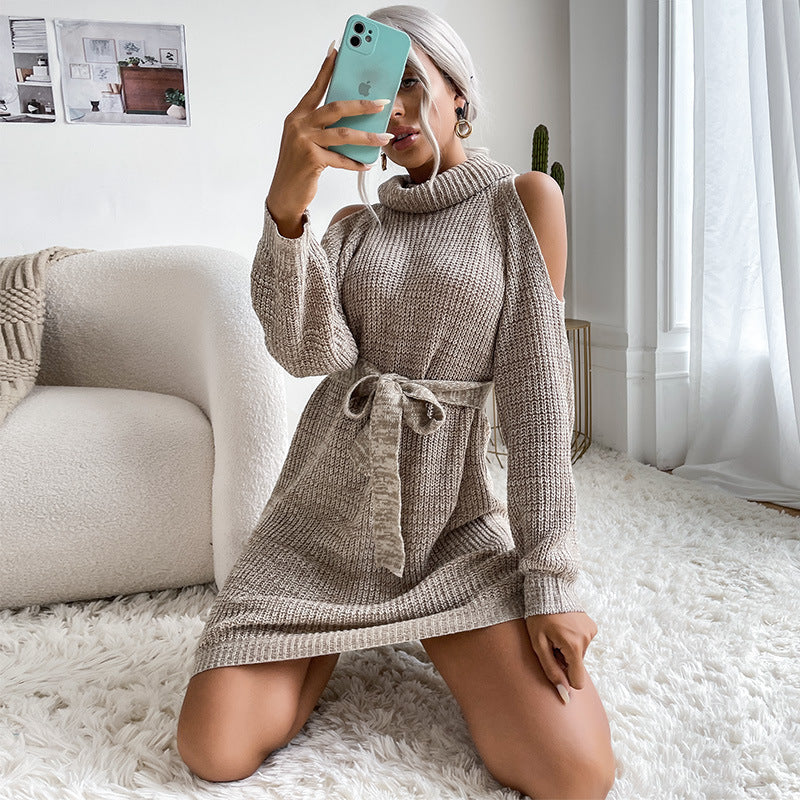 Damen Schulterfreies Rollkragen-Strickkleid mit Taillengürtel Drune
