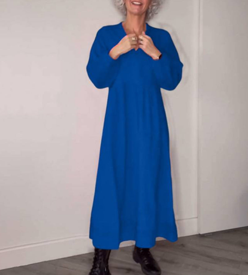 Damen Freizeit Viskose Maxi Kleid mit V-Ausschnitt, Taillennaht und Ballonärmeln Drune