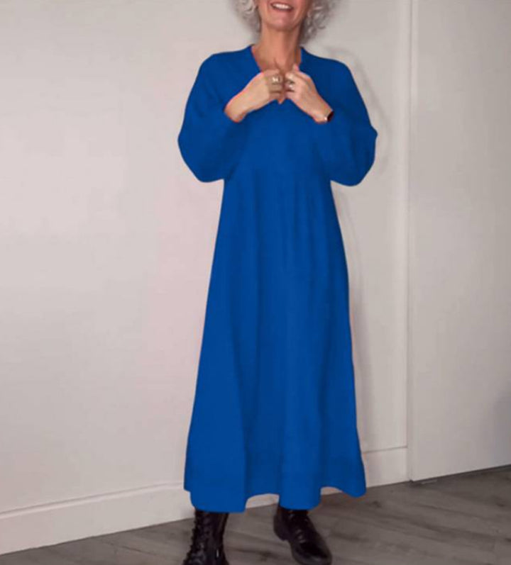 Damen Freizeit Viskose Maxi Kleid mit V-Ausschnitt, Taillennaht und Ballonärmeln Drune