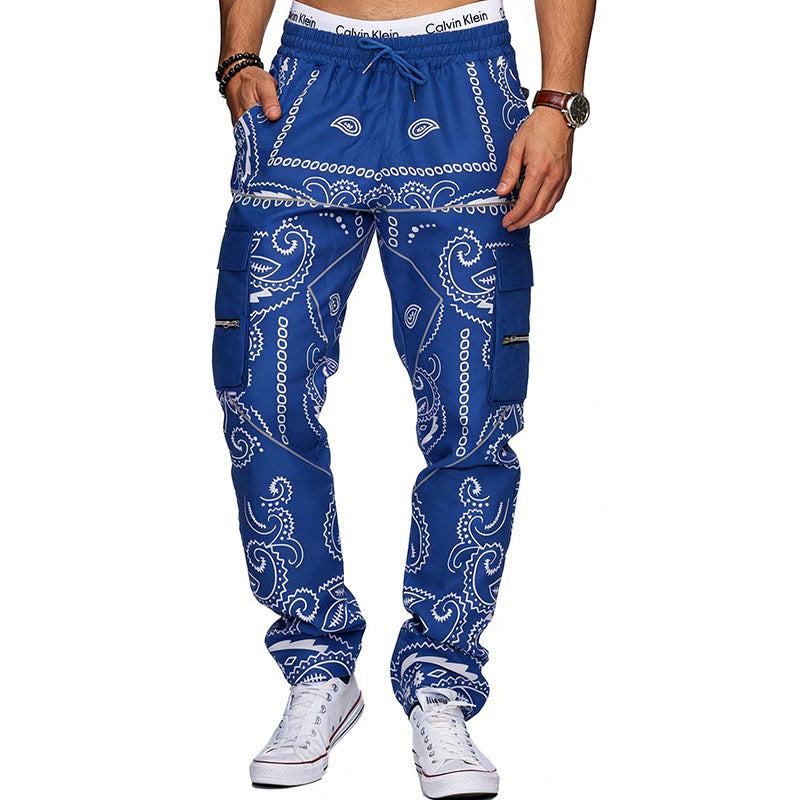 Herren nan Cargo-Jogginghose mit Paisley-Muster, elastischem Bund, multiple Reißverschluss- und Klappentaschen Drune