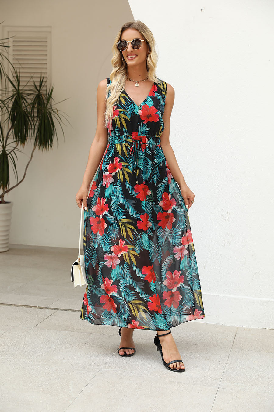 Damen Maxi-Kleid mit floralem Muster und elastischem Taillenband Drune