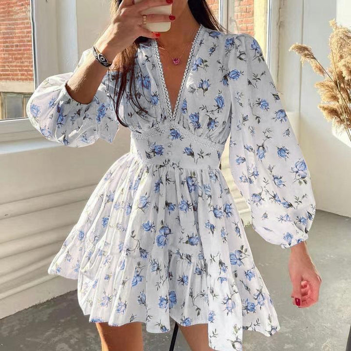 Damen romantisches Blumenkleid mit voluminösen Ärmeln Drune
