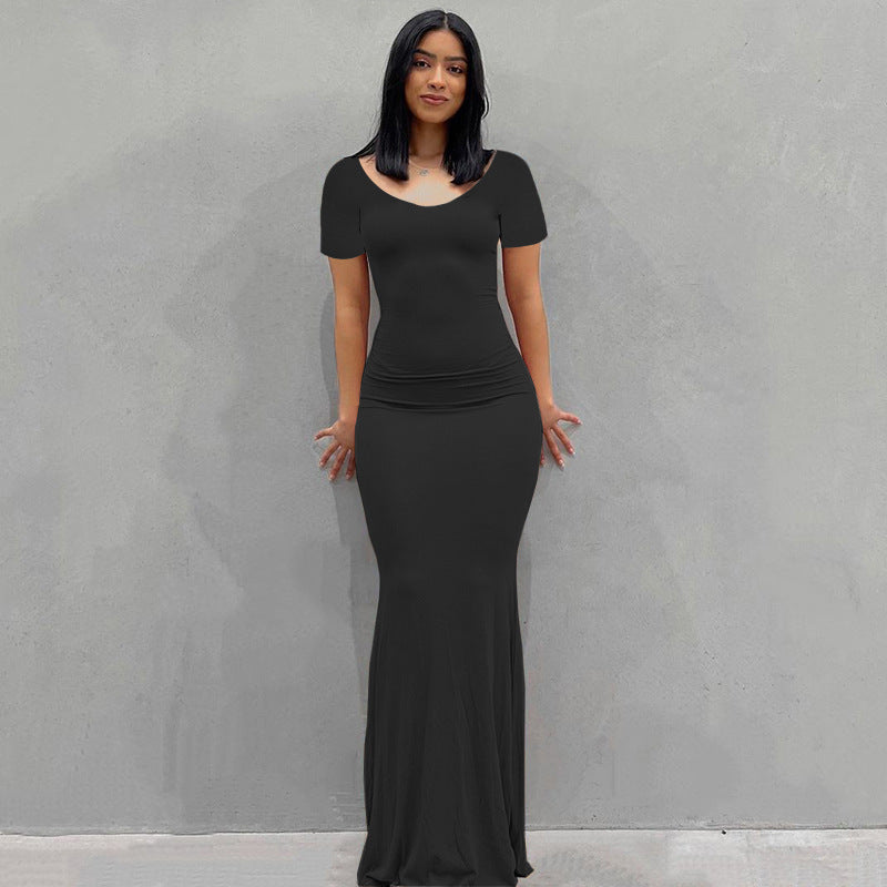 Damen Körperbetontes Maxi‑Jerseykleid mit taillierter Drapierung, langen Ärmeln und ausgestelltem Saum Drune