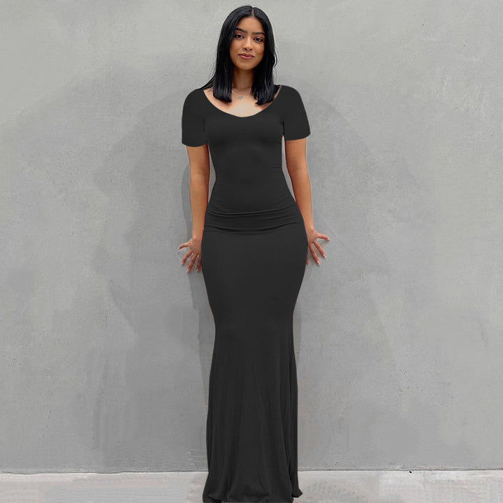 Damen Körperbetontes Maxi‑Jerseykleid mit taillierter Drapierung, langen Ärmeln und ausgestelltem Saum Drune
