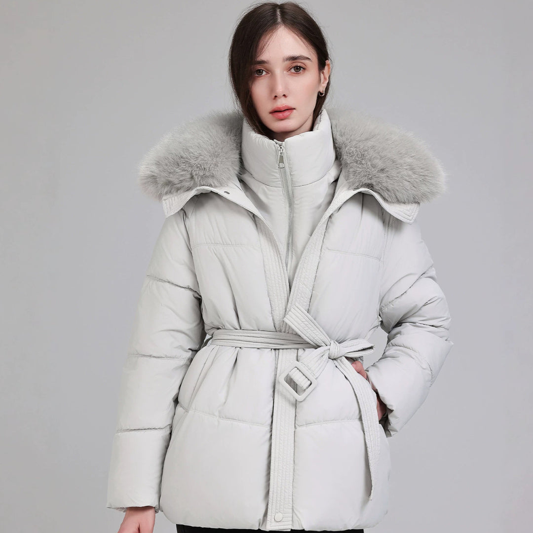 Damen Taillierter Pufferparka mit Wickelgürtel, hohem Stehkragen und voluminösem Fellkragen Drune