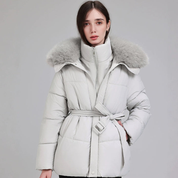 Damen Taillierter Pufferparka mit Wickelgürtel, hohem Stehkragen und voluminösem Fellkragen Drune