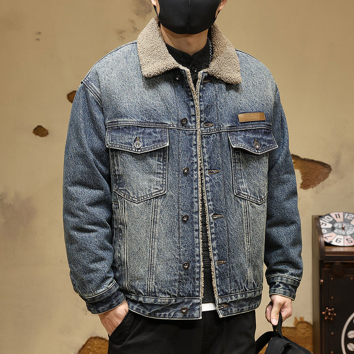 Herren Gemütliche Denimjacke mit Kunstfellkragen Drune