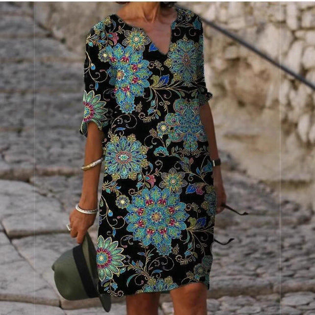 Damen Elegantes Kleid mit floralem Jacquard-Muster und V-Ausschnitt Drune