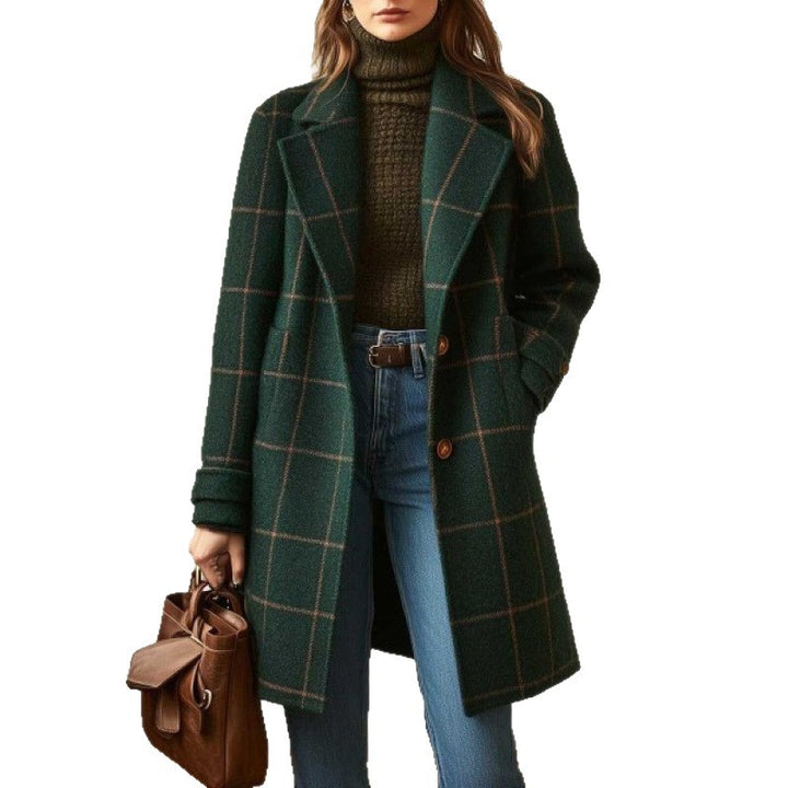 Damen nan karierter Wollmix Mantel mit Reverskragen, aufgesetzten Taschen und taillierter Silhouette Drune